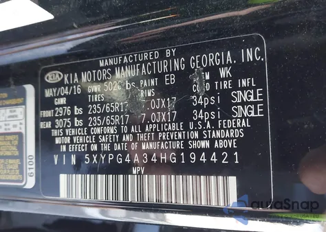 2017 Kia Sorento 2.4L L from USA, damaged, VIN 5XYPG4A34HG194421